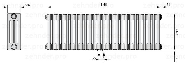Схема (чертеж) Радиатор Zehnder Charleston 4055/25 №5410 Белый глянцевый RAL 9016